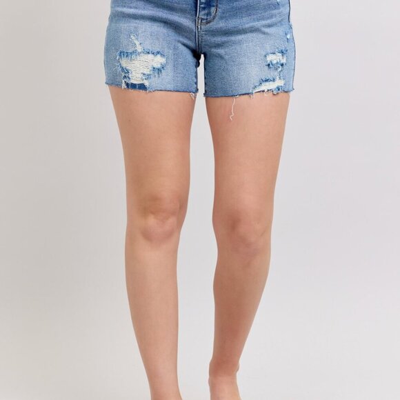 Judy Blue Full Size High Waist Denim Shorts W/stitch Over Destroy Detail Plus Si - Picture 3 of 10
